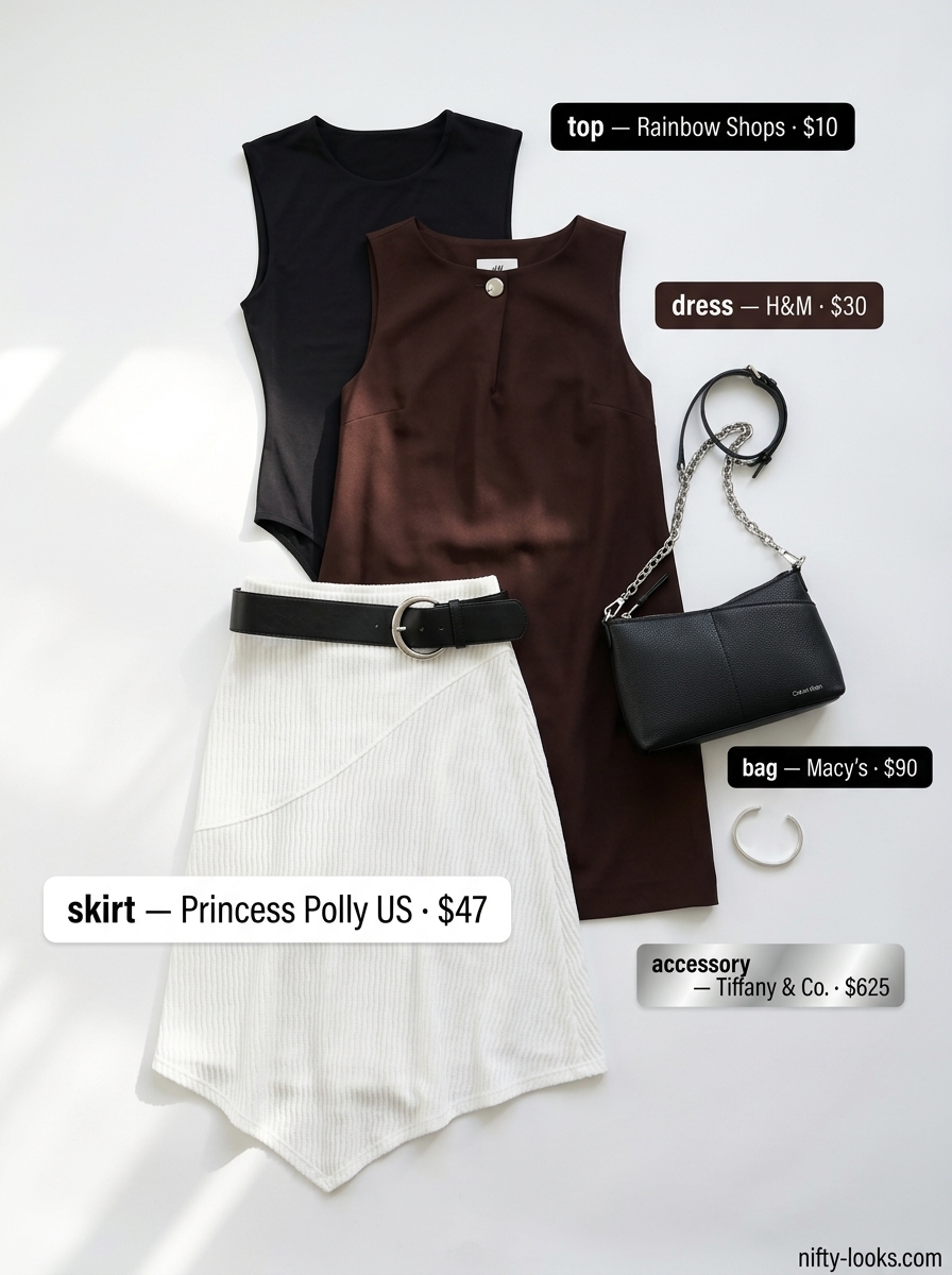 Minimalist asymmetric outfits for women 2026: White asymmetric skirt, black bodysuit, black shoulder bag.