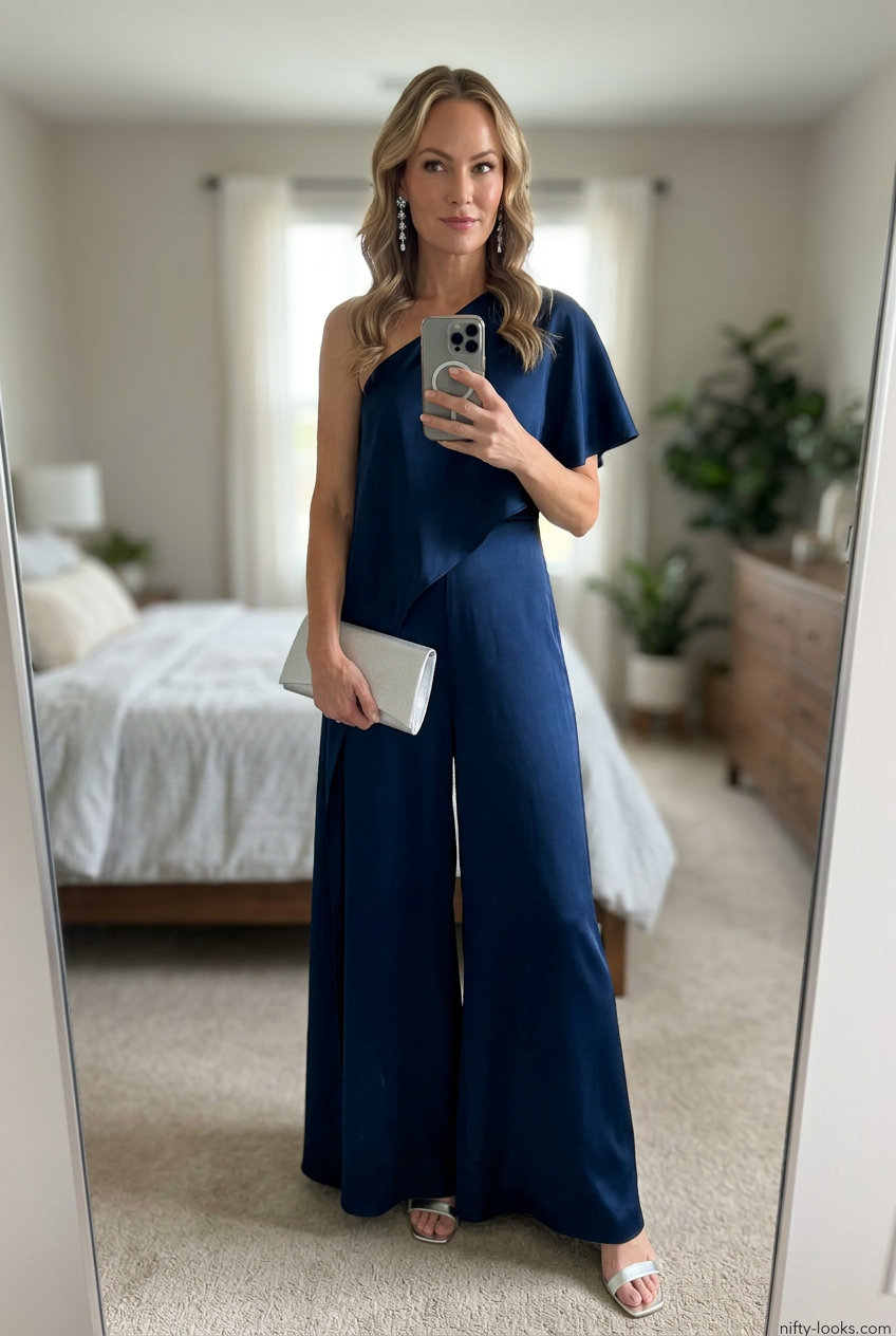 Navy asymmetric jumpsuit outfit for formal occasions. Sophisticated & elegant style.