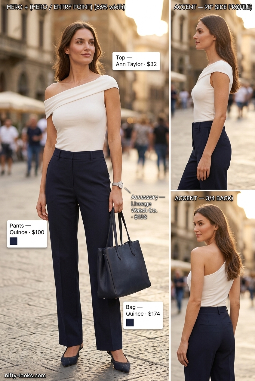 Navy trousers & ivory asymmetric blouse outfit for office. Professional & modern look.