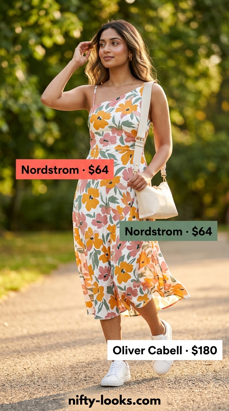 Playful asymmetric outfits for women 2026: Abstract print sundress, white sneakers, crossbody bag.