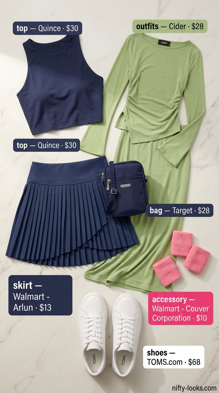 Sporty chic asymmetric outfits for women 2026: Navy skirt, pink sweatband, white sneakers.