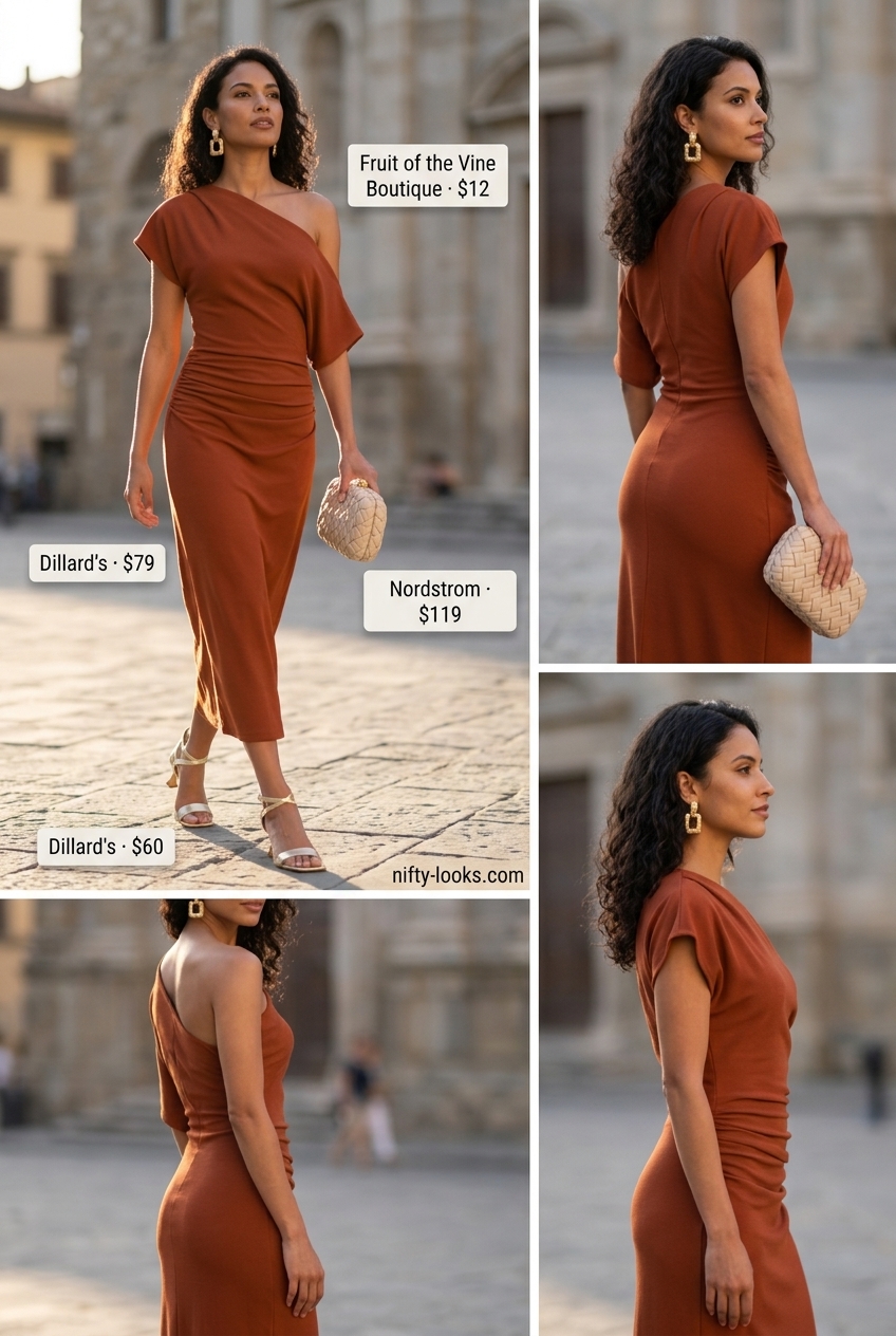 Elegant asymmetric outfits for women 2026: Terracotta one-shoulder dress, woven clutch, gold earrings.