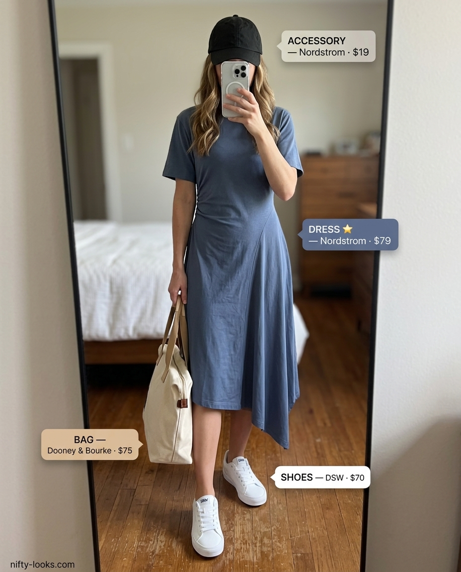 Charcoal grey asymmetric t-shirt dress outfit for casual weekend. Comfortable & cool look.