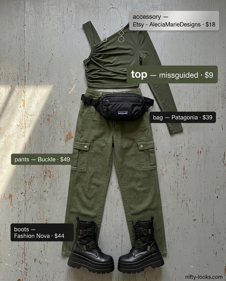Edgy asymmetric outfits for women 2026: Olive cargo pants, black cut-out top, combat boots.