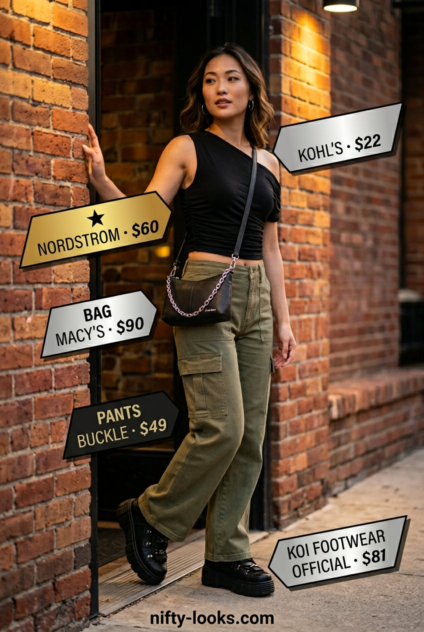 Black asymmetric one-shoulder crop top with olive green cargo pants for edgy summer Asymmetric Neck outfits 2026.