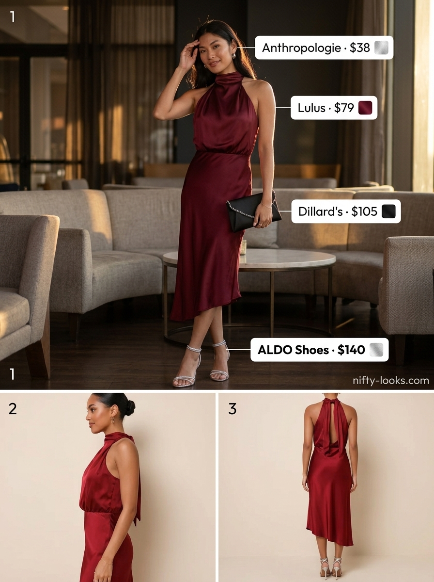 Burgundy asymmetric satin slip dress with silver strappy heels for formal summer Asymmetric Neck outfits 2026.