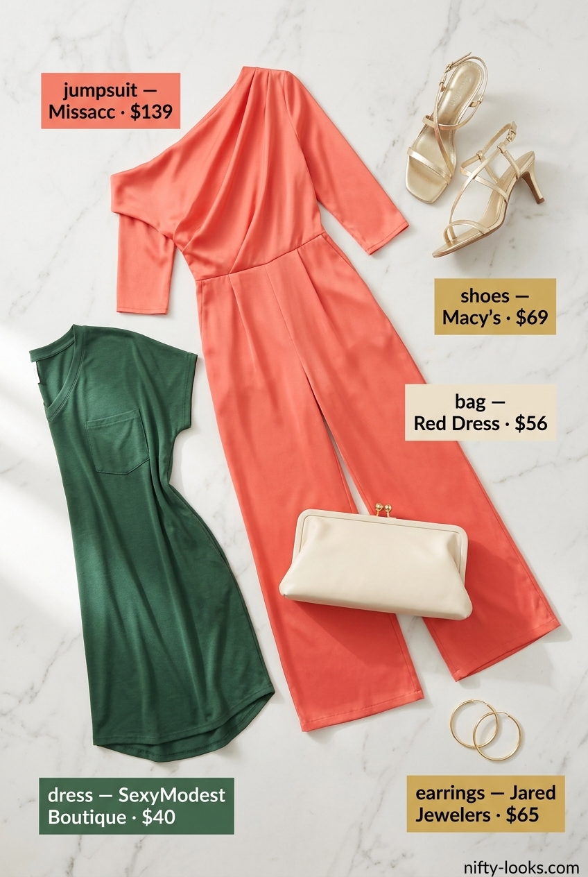 Coral asymmetric one-shoulder jumpsuit with gold heels for glamorous summer Asymmetric Neck outfits 2026.