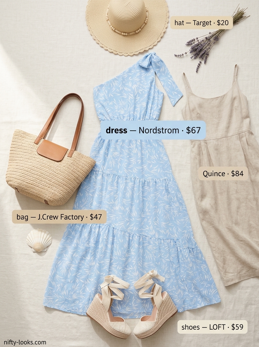 Sky blue asymmetric maxi dress with straw hat for relaxed summer Asymmetric Neck outfits 2026.