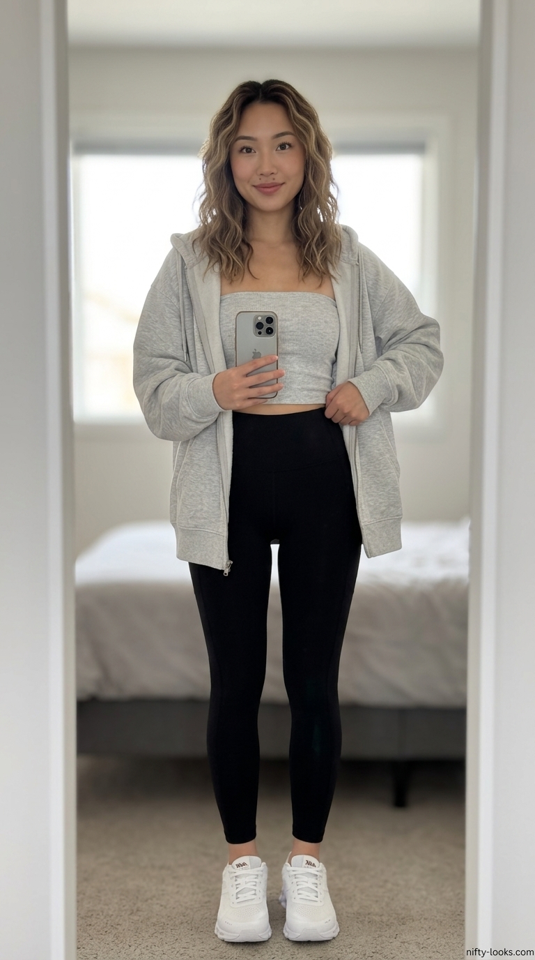 Grey bandeau top with black leggings and an oversized hoodie for an athleisure look 2026.