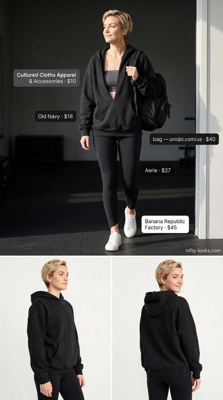 Athleisure comfort outfit: charcoal grey bandeau top, oversized hoodie, black leggings, and white sneakers. Summer Bandeau top for women 2026.