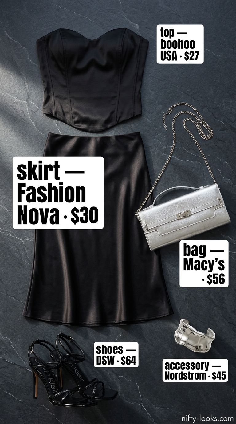 Chic black bandeau top with silver accessories for a sophisticated summer evening look 2026.