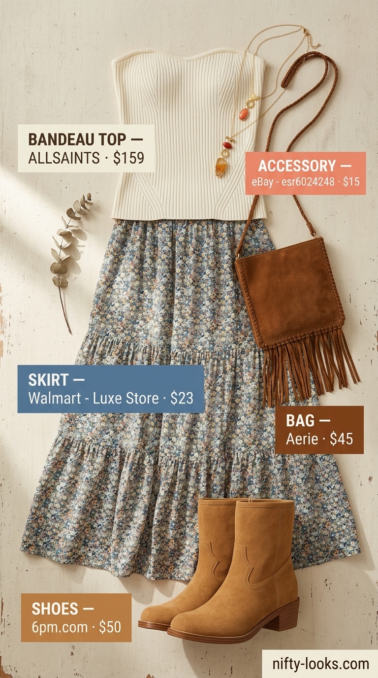 Boho summer vibes outfit: cream bandeau top, floral maxi skirt, suede boots, and layered necklaces. Summer Bandeau top for women 2026.
