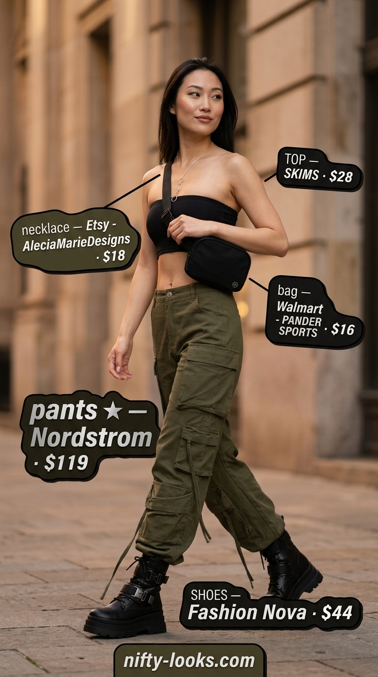 Black bandeau top with olive green cargo pants for an edgy urban exploration outfit 2026.