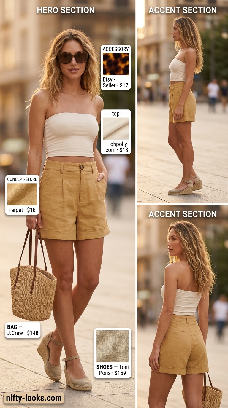 Chic cream bandeau top with tailored linen shorts for vacation sightseeing 2026.