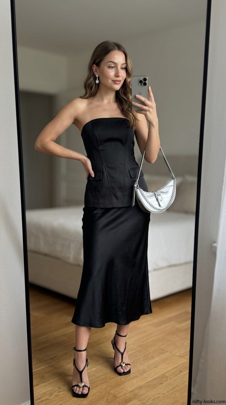 Black satin bandeau top with a high-waisted satin midi skirt for a sophisticated evening outfit 2026.