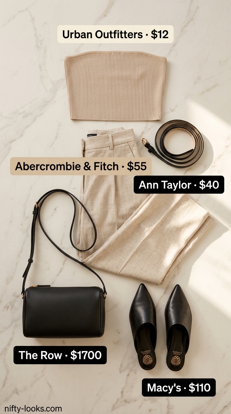 Cream seamless bandeau top with beige tailored trousers for a modern minimalist look 2026.