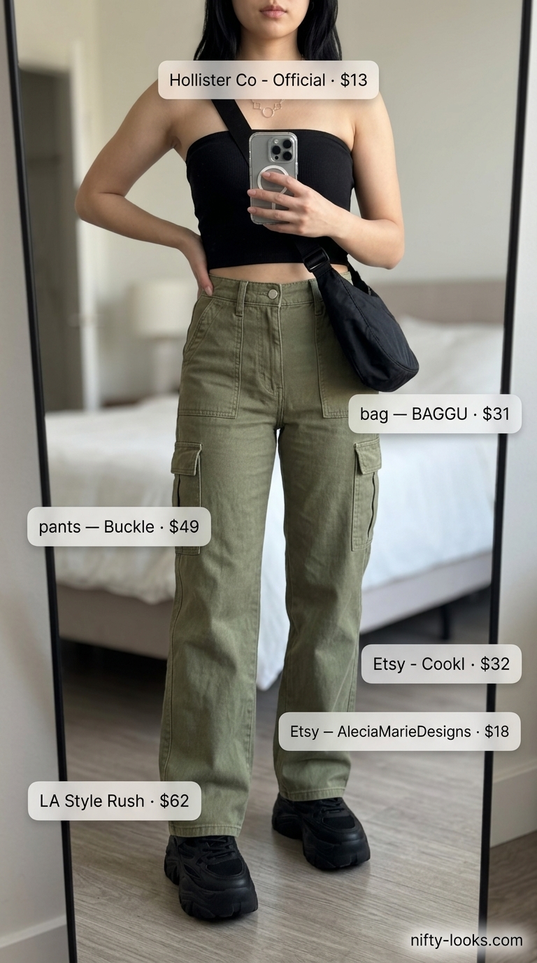 Edgy black bandeau top with olive green cargo pants for urban exploration 2026.