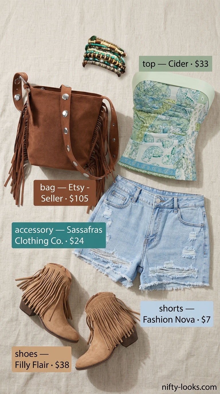 Boho paisley bandeau top with distressed denim shorts for a festival look 2026.