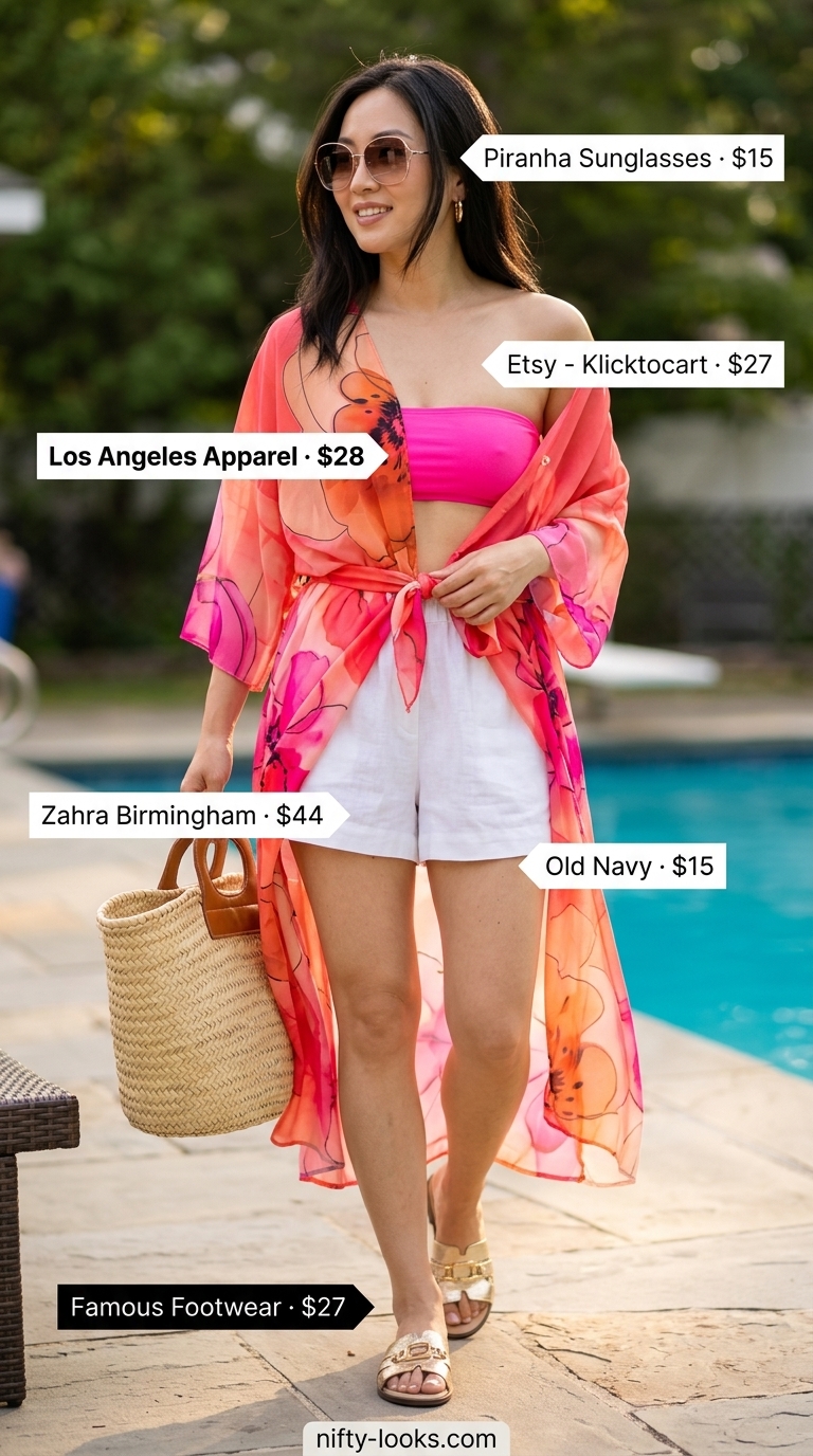 Hot pink bandeau bikini top with linen shorts and a floral kimono for poolside glam 2026.