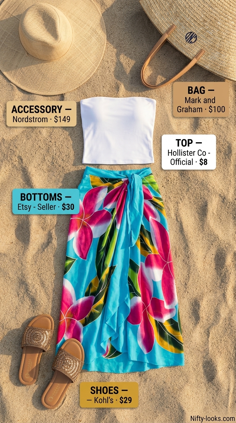 Poolside chic outfit: white bandeau top, tropical sarong skirt, straw hat, and embellished sandals. Summer Bandeau top for women 2026.