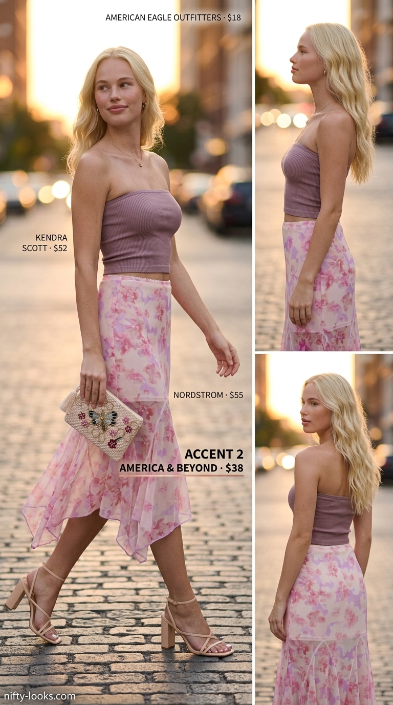 Romantic summer evening outfit: blush pink bandeau top, floral midi skirt, and strappy heels. Summer Bandeau top for women 2026.