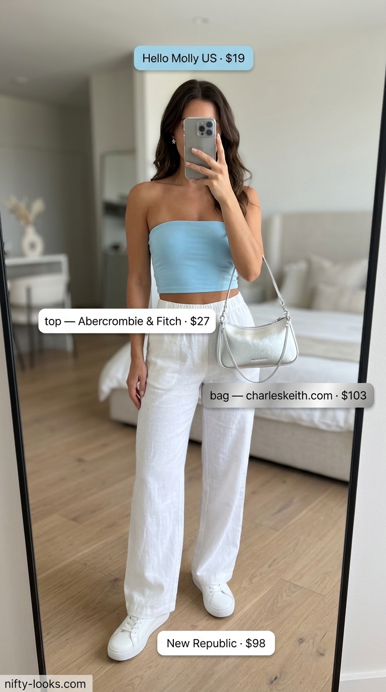 Playful sky blue bandeau top with white wide-leg pants for a fresh daytime event 2026.