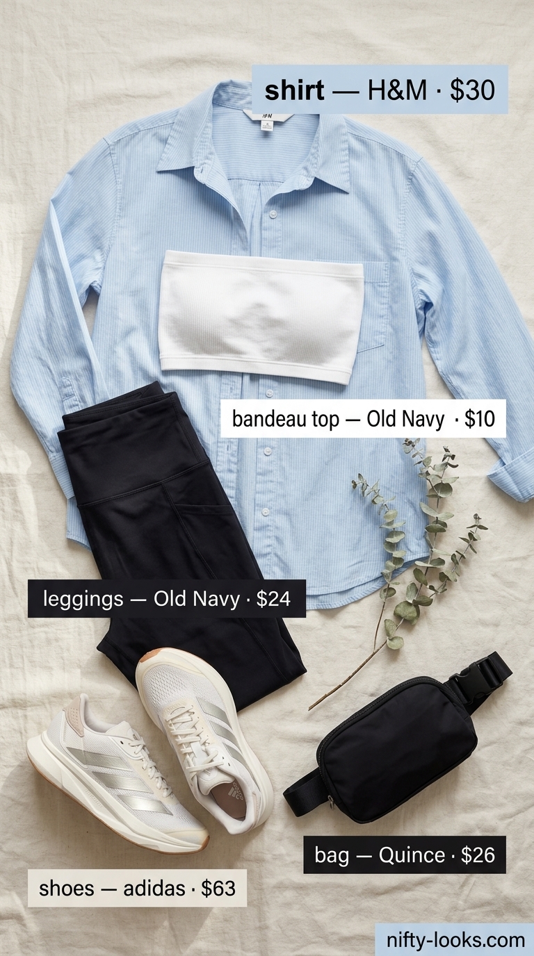 Sporty chic athleisure outfit: white bandeau top, striped shirt, black leggings, and sneakers. Summer Bandeau top for women 2026.