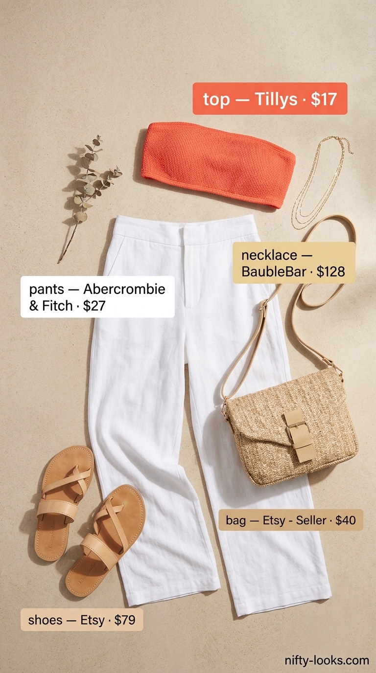 Sunset beach glow outfit: coral bandeau top, linen pants, gold necklaces, and leather slides. Summer Bandeau top for women 2026.