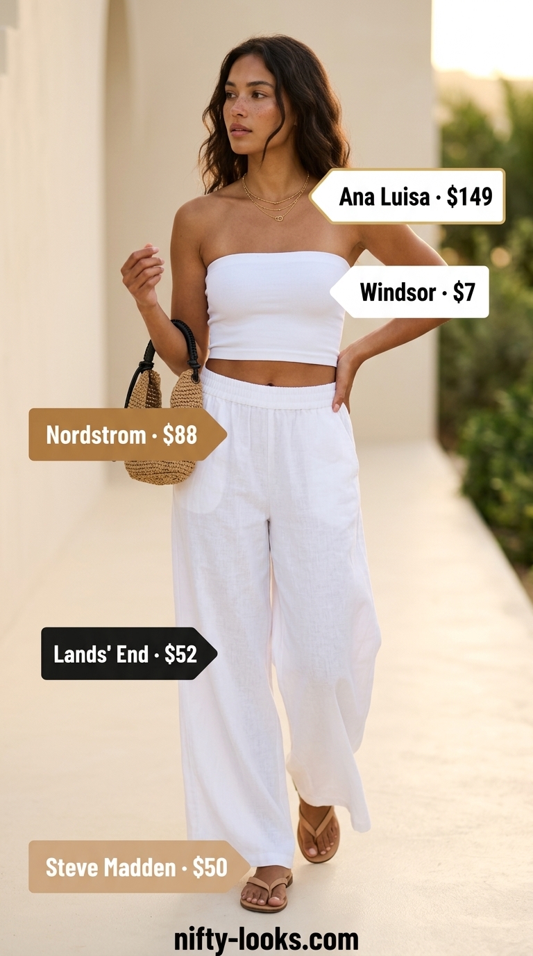 Sunset cruise outfit: cream bandeau top, linen pants, strappy sandals, and gold necklaces. Summer Bandeau top for women 2026.