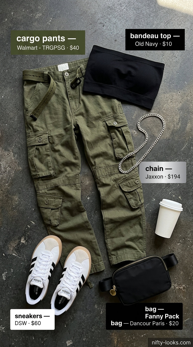 Black bandeau top with olive green cargo pants for an urban explorer street style outfit 2026.