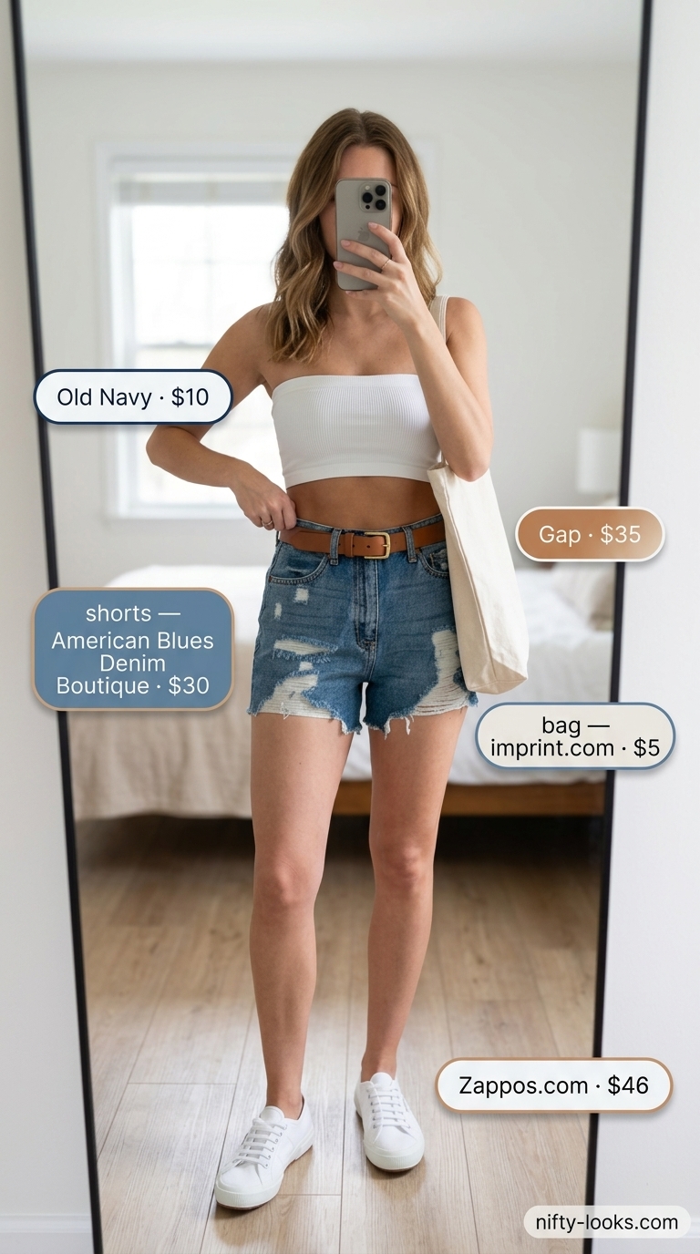 Casual white bandeau top with denim shorts for a relaxed weekend brunch outfit 2026.