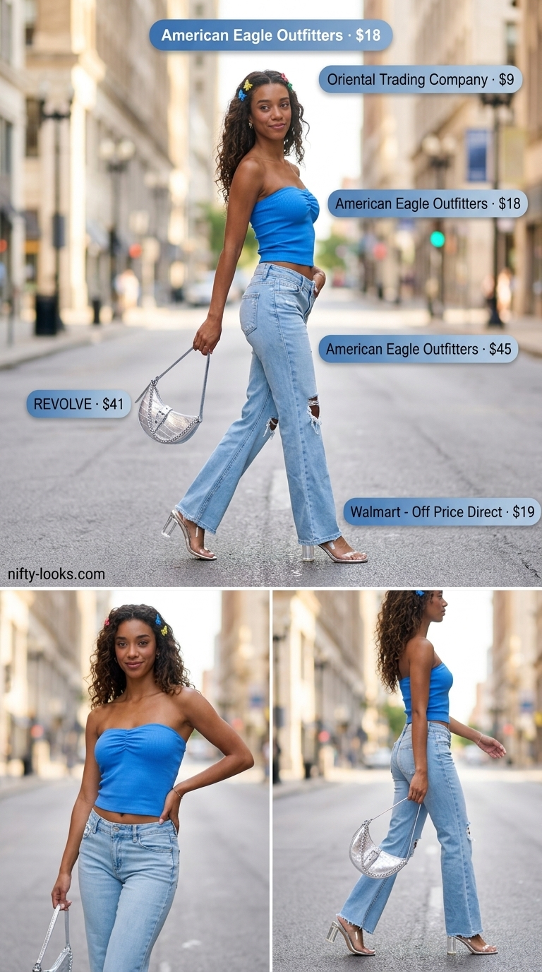 Y2K throwback outfit: bright blue bandeau top, flare jeans, platform sandals, and baguette bag. Summer Bandeau top for women 2026.