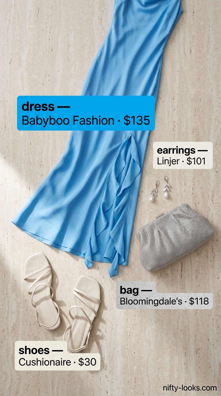 Azure blue maxi dress for summer beach vacation outfits for women 2026. Elegant sunset dinner look with silver accessories.