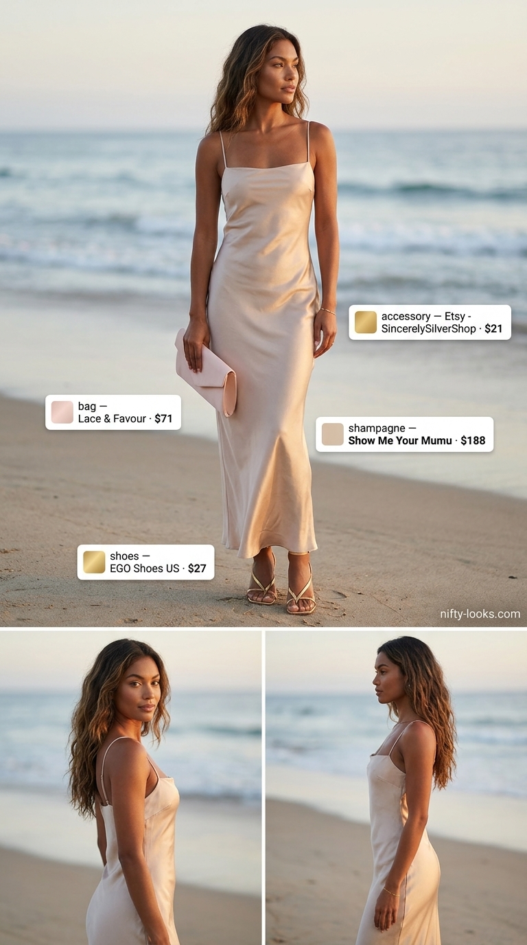 Champagne satin slip dress for summer beach vacation outfits for women 2026. Glamorous evening cocktails with gold strappy heels.