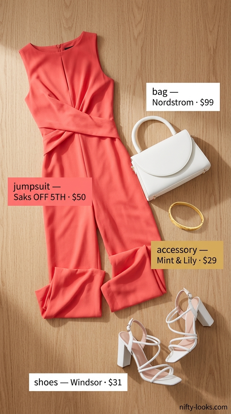 Chic coral jumpsuit for summer beach vacation outfits for women 2026. Sleeveless wide-leg jumpsuit, white top-handle bag, gold cuff, block heels.