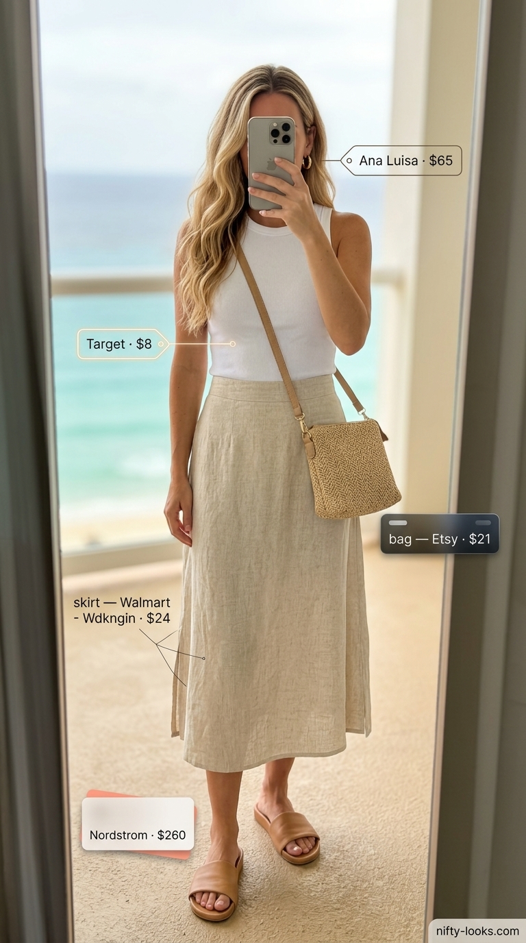 Chic midi skirt outfit for summer beach vacation outfits for women 2026. Sand skirt, white tank, tan slides, straw bag, gold earrings.
