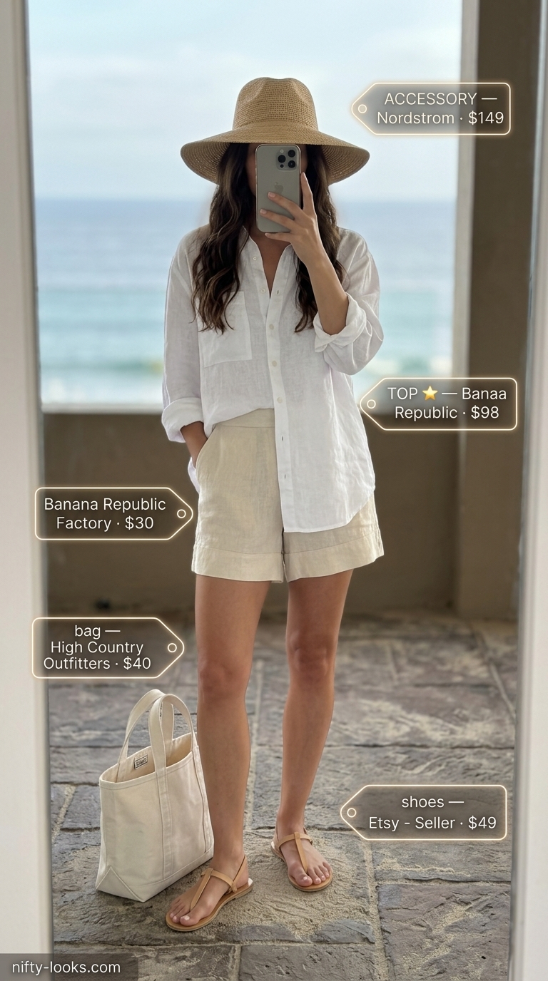 Coastal Chic linen set for summer beach vacation outfits for women 2026. Cream linen shorts, oversized shirt, straw hat, tote, tan sandals.