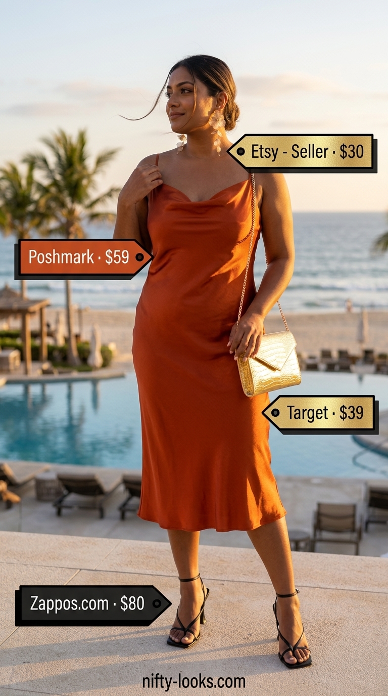 Warm coral satin slip dress for summer beach vacation outfits for women 2026. Glamorous evening look with gold accessories.