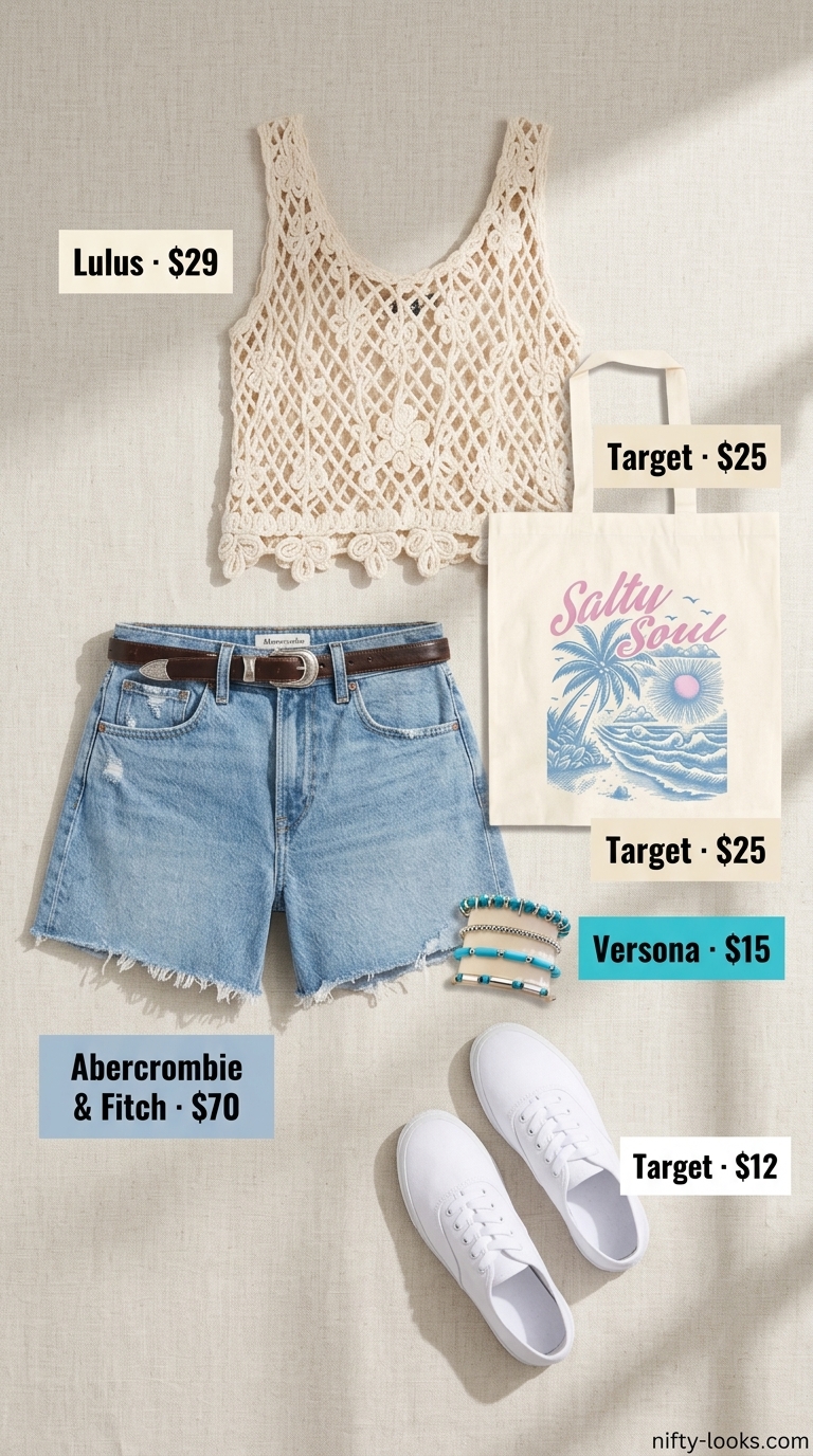 Light wash denim shorts and cream crochet top for summer beach vacation outfits for women 2026. Casual beach day style.