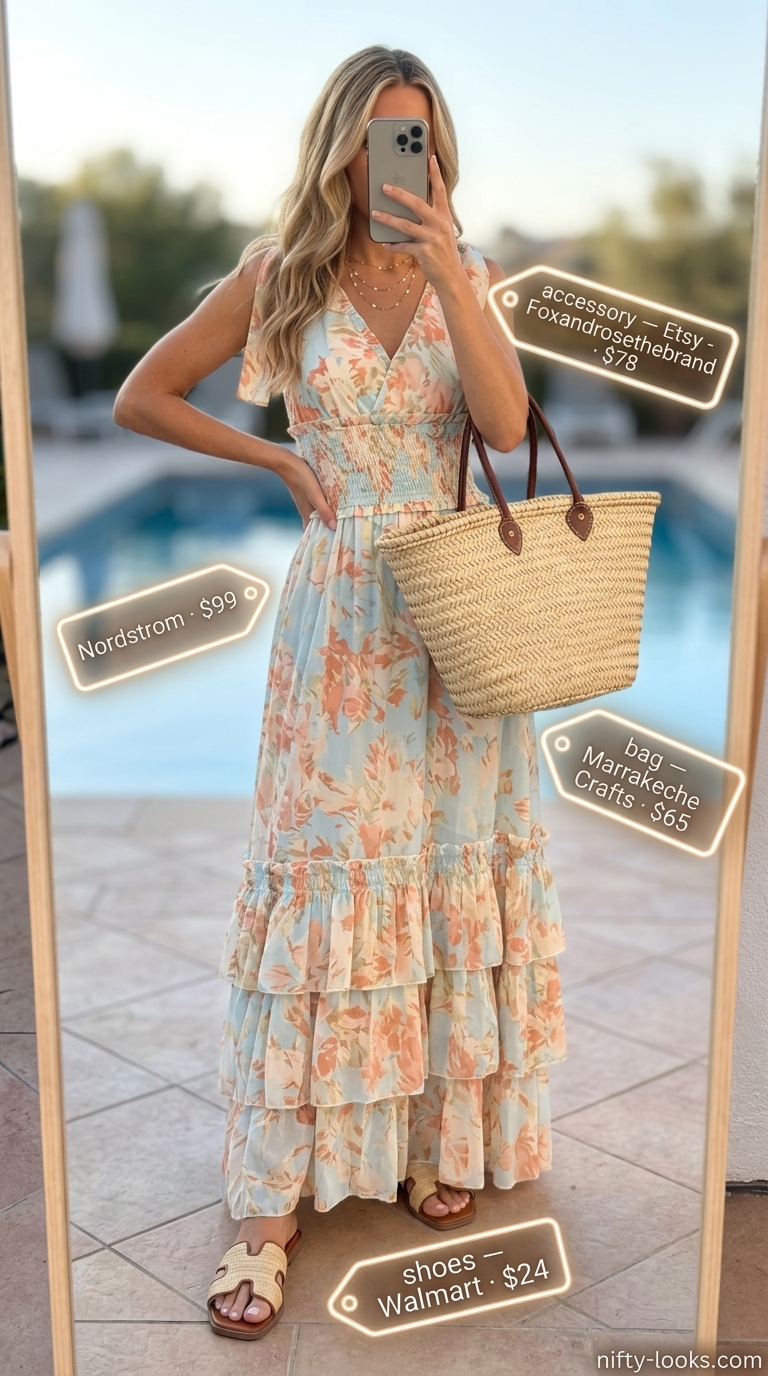 Coral and teal floral maxi dress for summer beach vacation outfits for women 2026. Bohemian resort wear with straw tote and sandals.