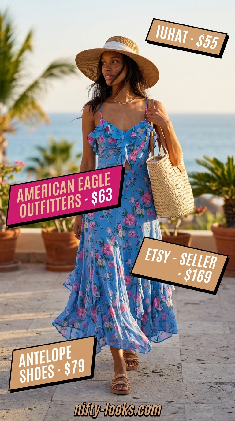 Flowy maxi dress for summer beach vacation outfits for women 2026. Ocean blue dress, straw hat, straw tote, tan leather slides.