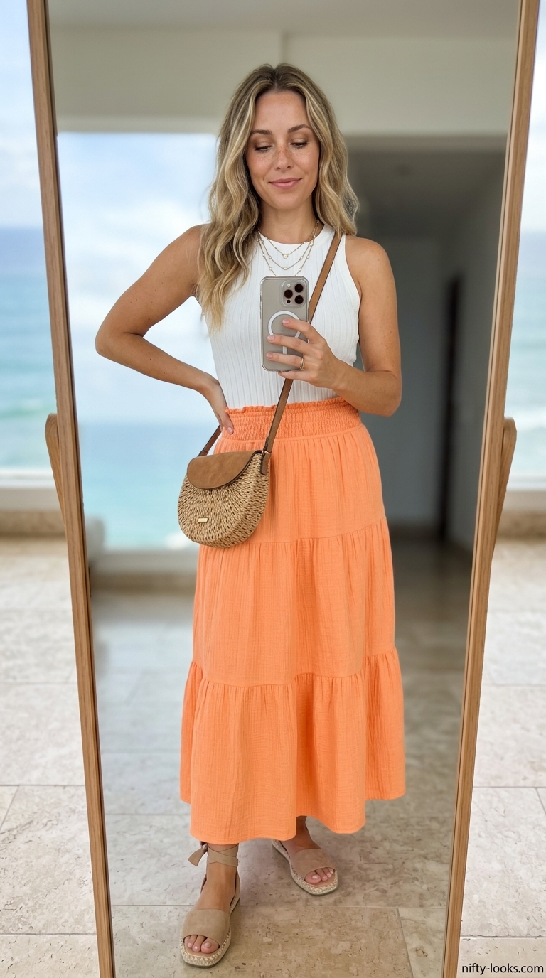 Peach midi skirt and white tank for summer beach vacation outfits for women 2026. Relaxed resort casual with espadrilles.
