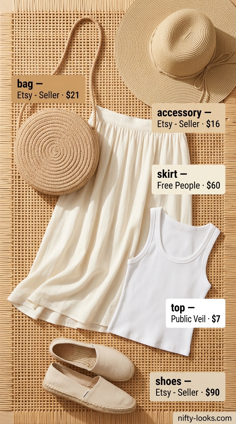 Minimalist midi skirt outfit for summer beach vacation outfits for women 2026. Ivory skirt, white tank, straw hat, espadrilles, straw bag.