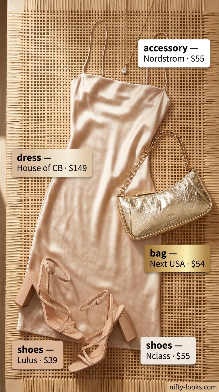 Champagne satin slip dress for summer beach vacation outfits for women 2026. Elegant resort evening wear with gold accessories.