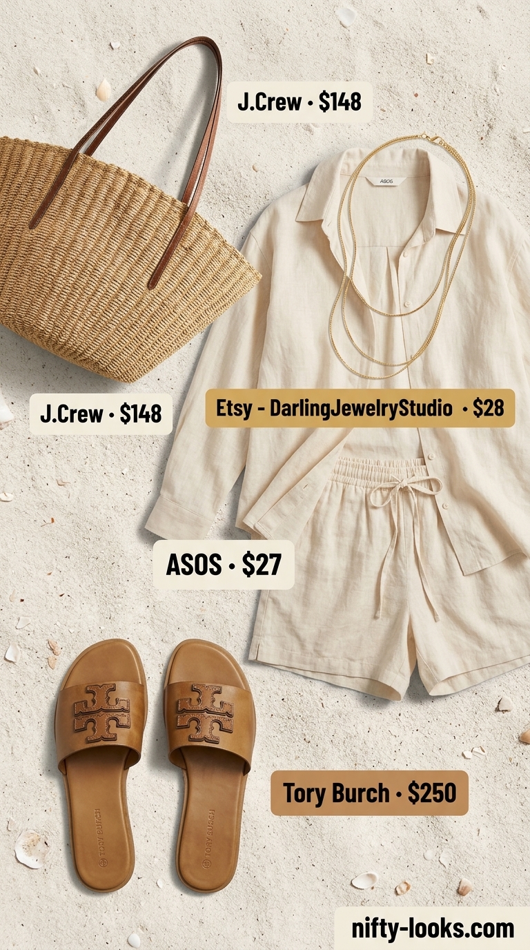 Seaside Serenity linen set for summer beach vacation outfits for women 2026. Cream shorts, oversized shirt, straw tote, tan slides, gold necklace.