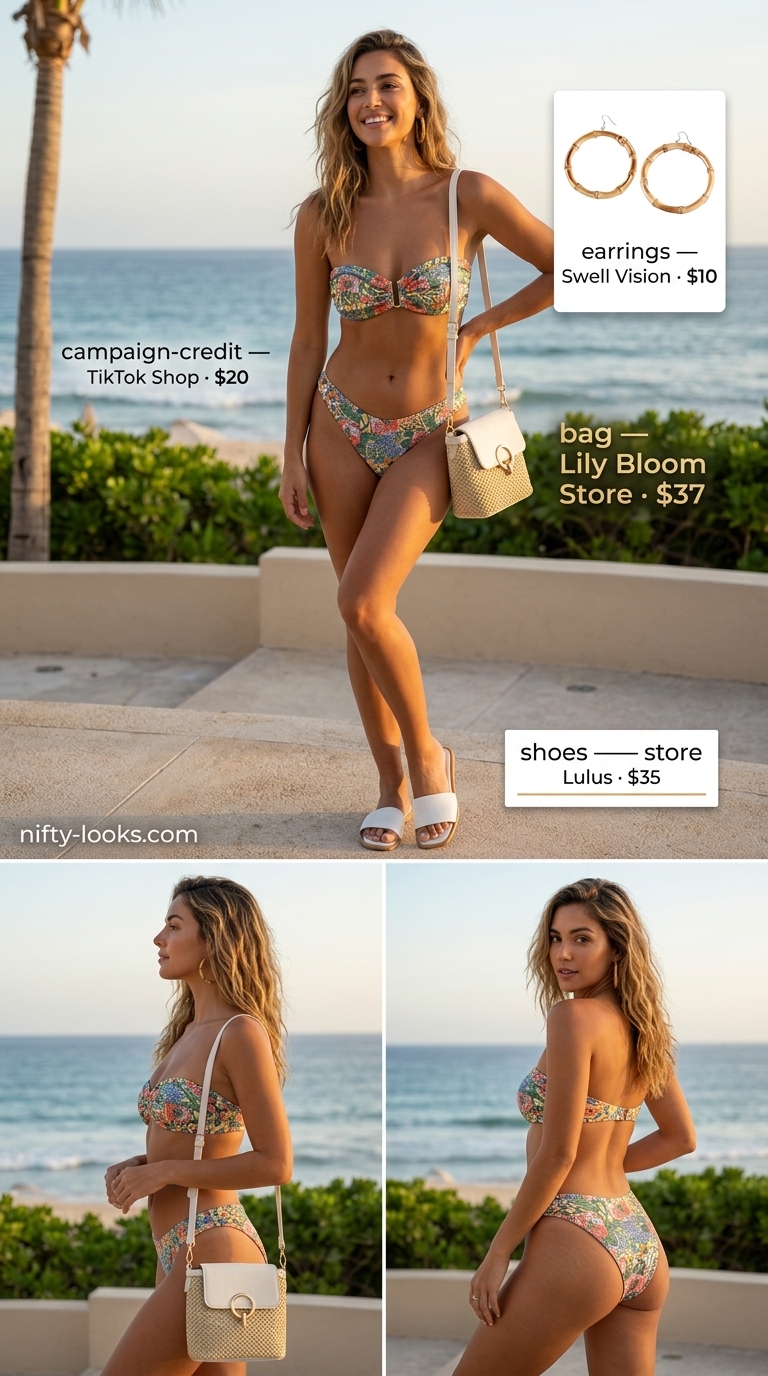 Fun tropical print set for summer beach vacation outfits for women 2026. Bandeau top, shorts, straw crossbody, bamboo hoops, leather slides.