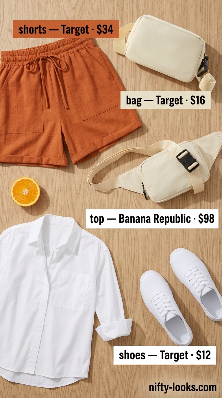 Vibrant orange shorts outfit for summer beach vacation outfits for women 2026. Orange shorts, white shirt, canvas sneakers, crossbody bag.