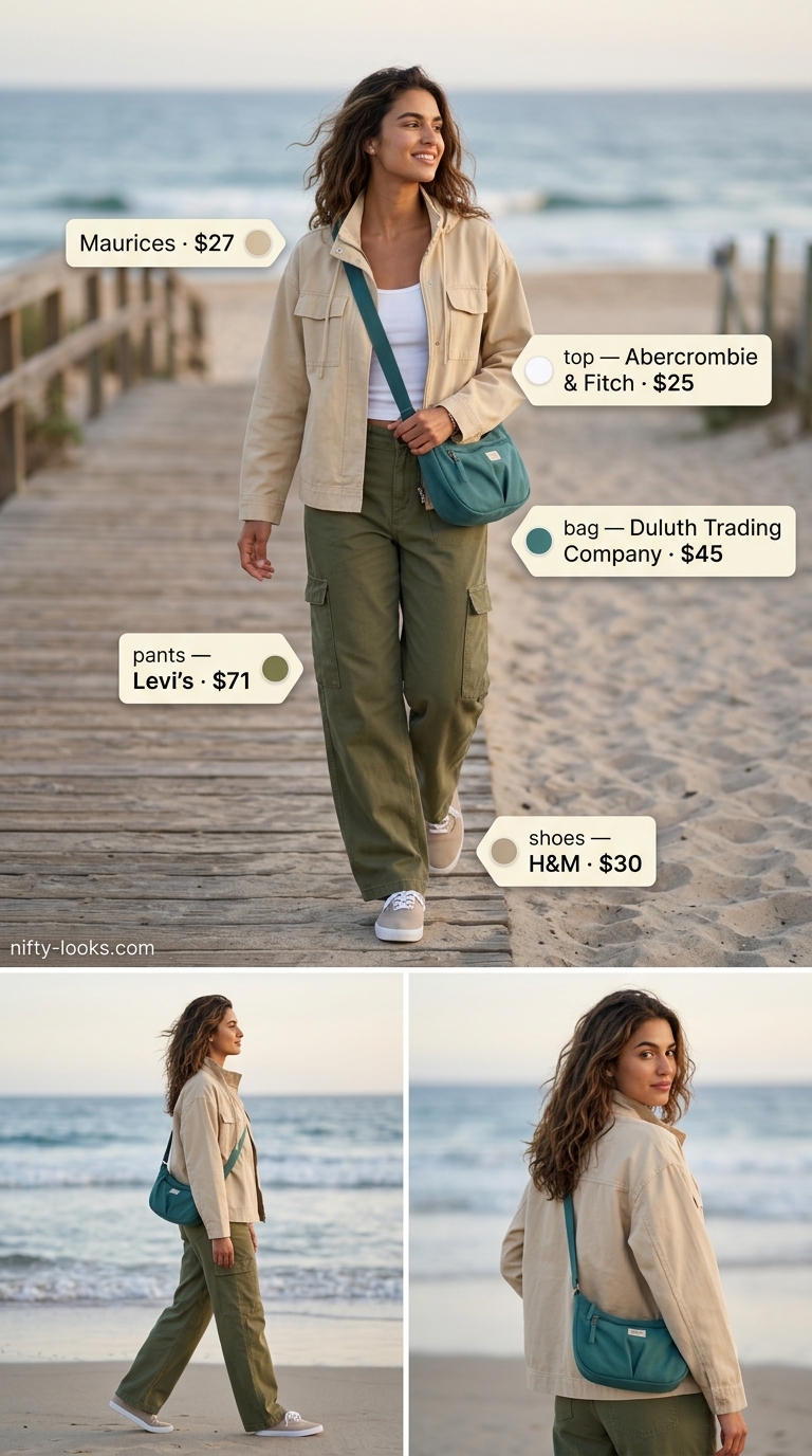 Olive green cargo pants for summer beach vacation outfits for women 2026. Adventurous and practical.