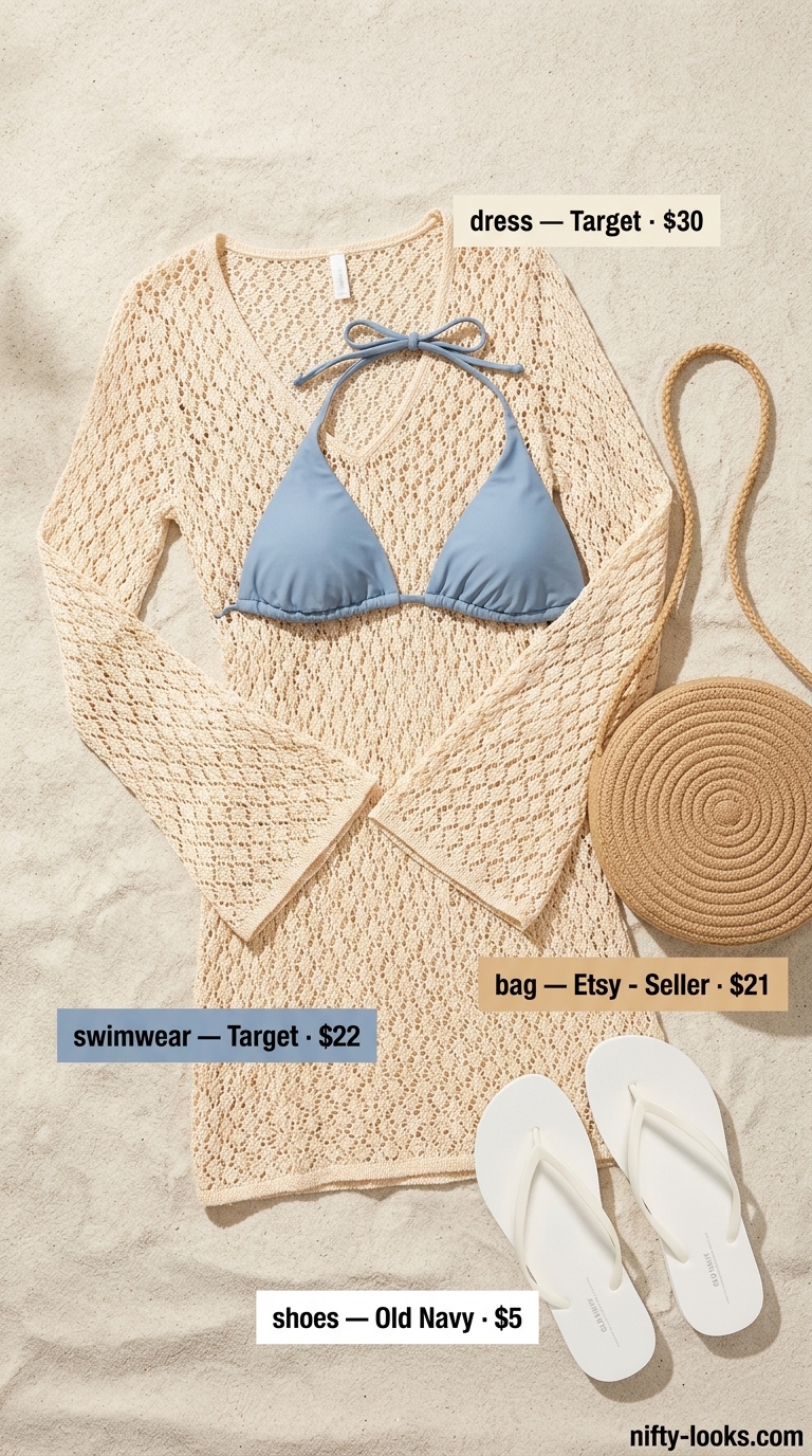 White crochet cover-up dress for summer beach vacation outfits for women 2026. Relaxed and bohemian.