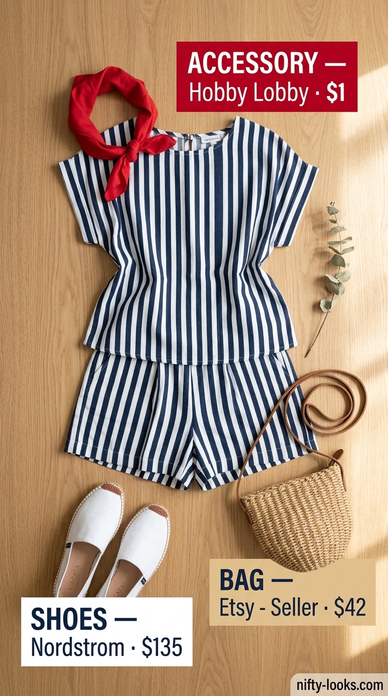 Nautical stripes two-piece set for summer beach vacation outfits for women 2026. Navy, white, red colors.
